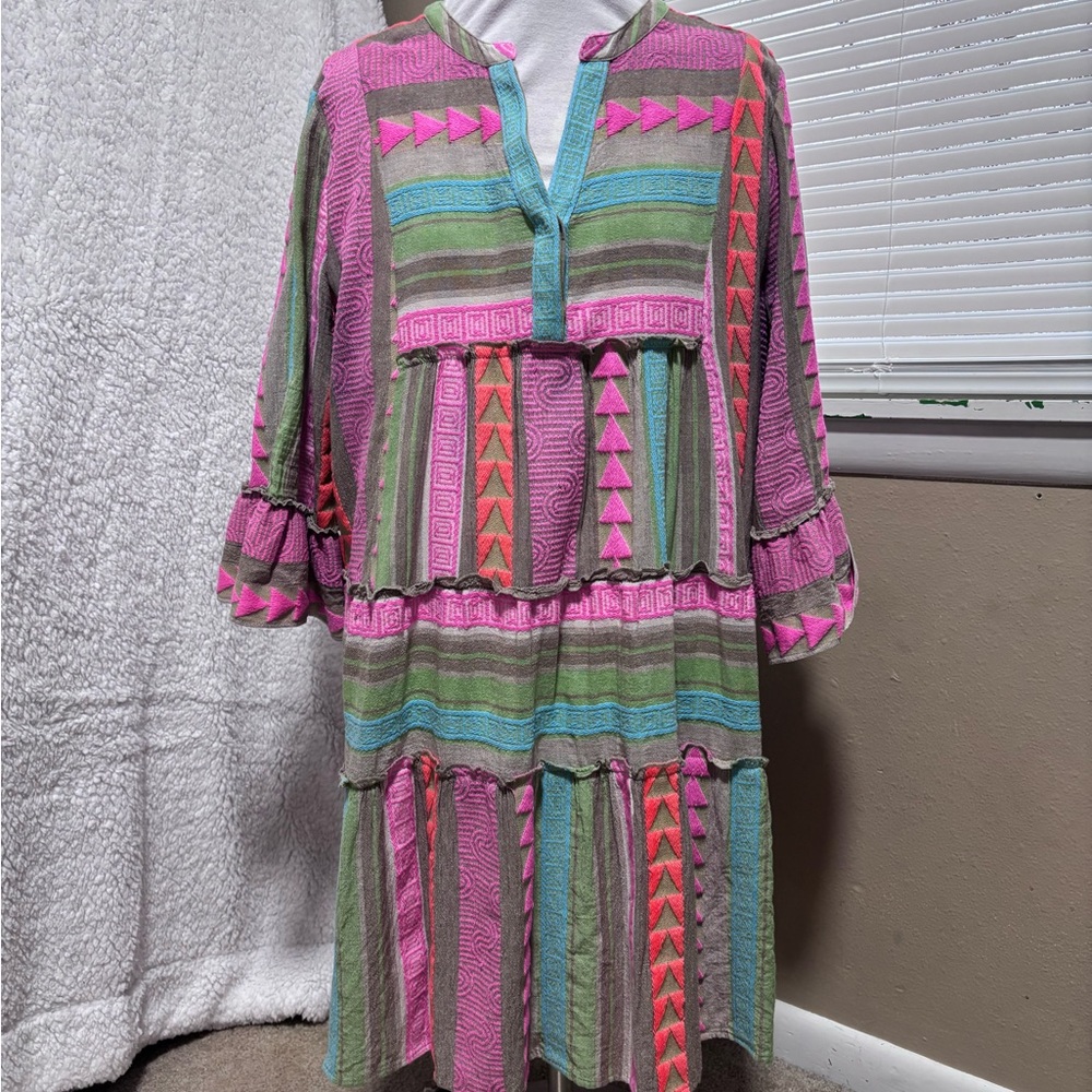 Boho Tiered Midi Dress in Pink and Green
